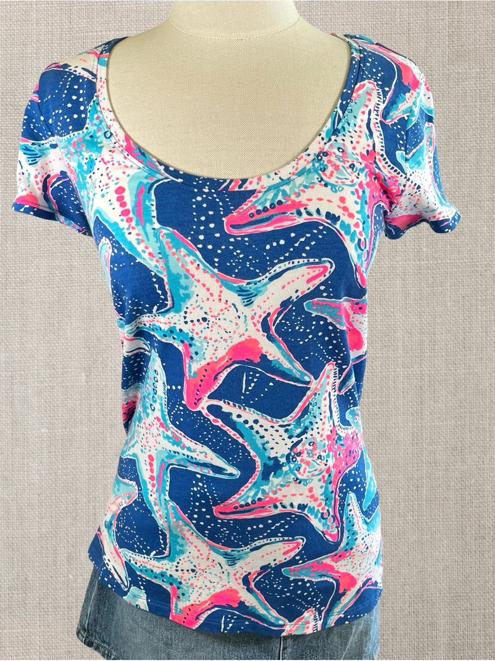Lilly Pulitzer Dori Tee Indigo Star Struck Print Sz Small Starfish Scoop Neck